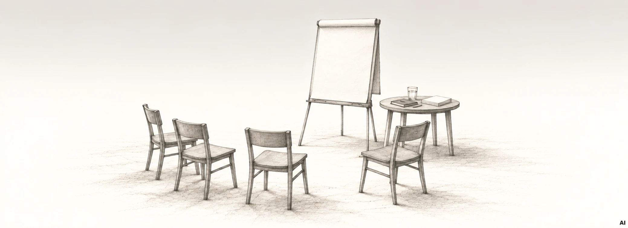 Tisch, Stühle und Tafel, KI generiert
